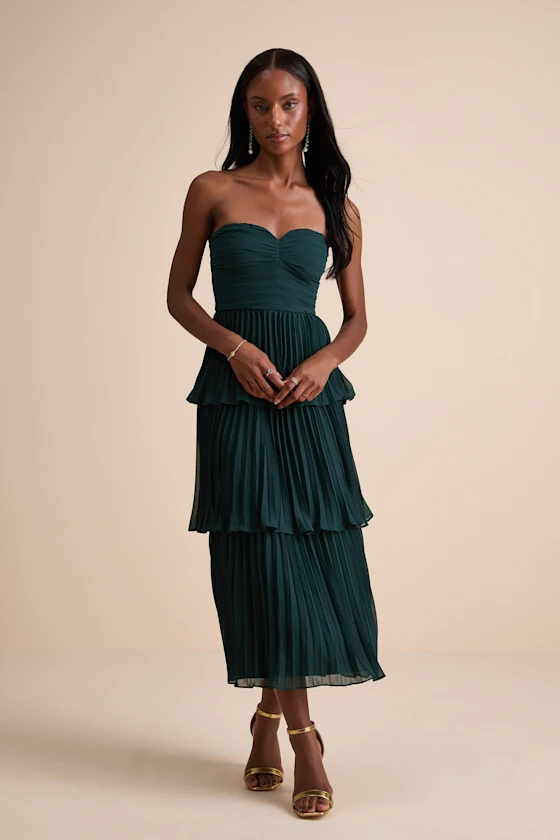 Tiered strapless midi length wedding guest dress