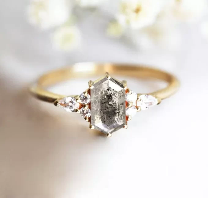 Hexagon Salt and Pepper Diamond Engagement Ring