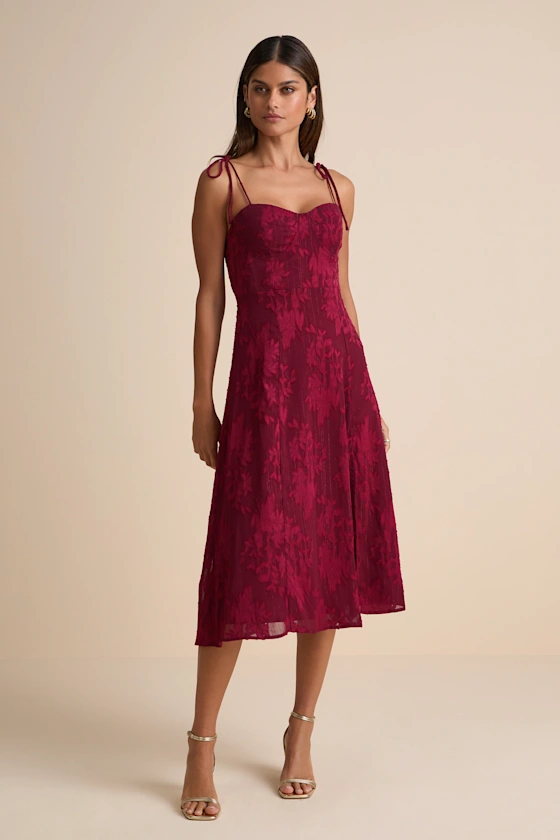Jacquard red floral print midi dress with semi formal strappy sleeves