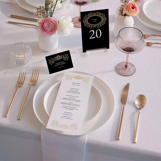 Table numbers and coordinating menus for day-of wedding stationery