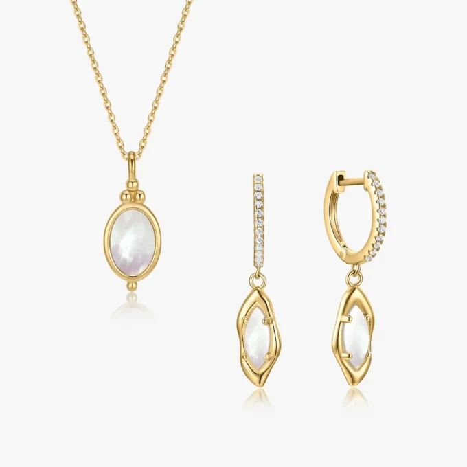 Mother of pearl gold necklace and matching earrings by Flaire & Co