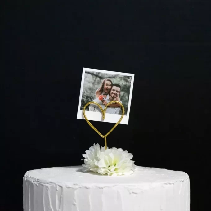 Polaroid wedding cake topper with wire heart