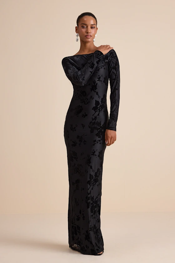 Black velvet burnout long sleeve boat neck bridesmaid dress