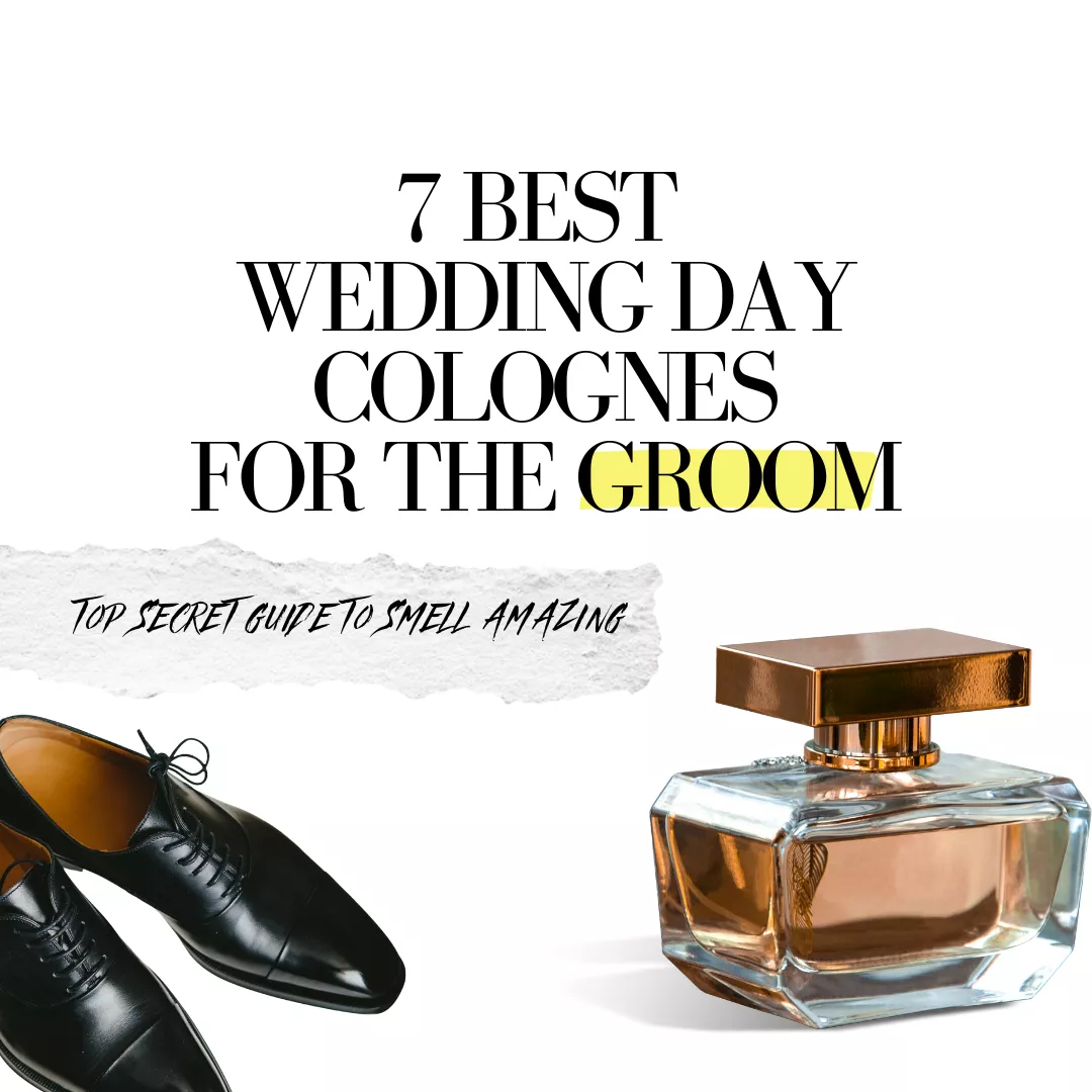 Flat lay of top wedding day colognes for men with fragrance bottle and men's dress shoes