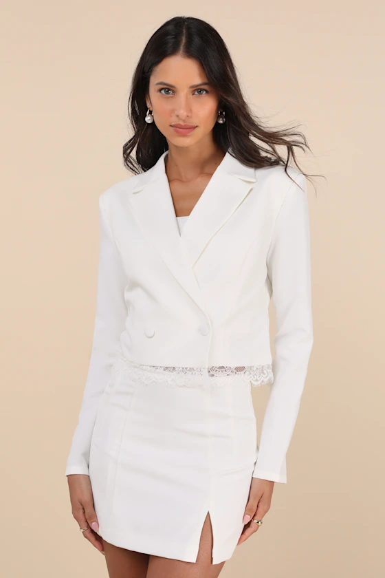 Blazer jacket and skirt for bridal shower outfit with long sleeves