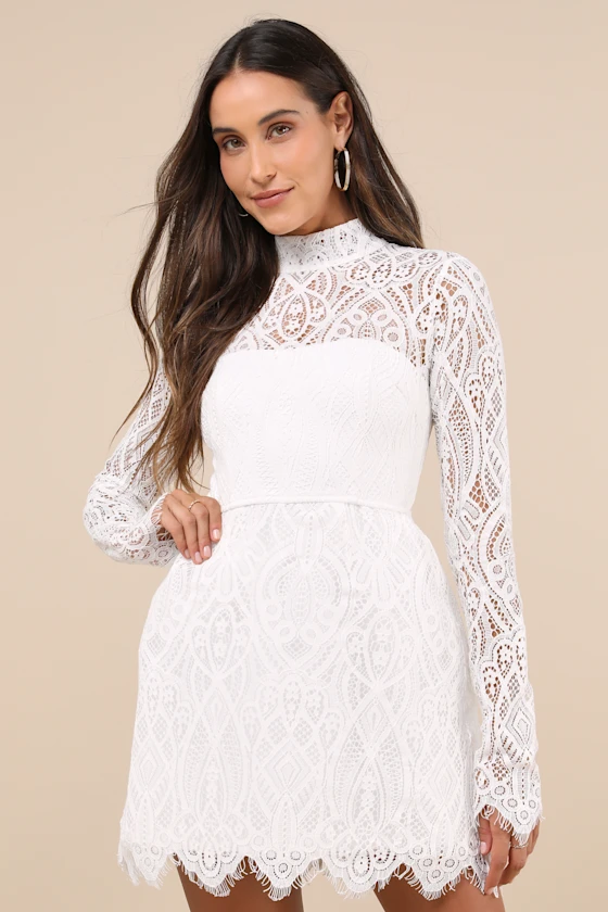 White long sleeve lace structured mini bridal shower dress
