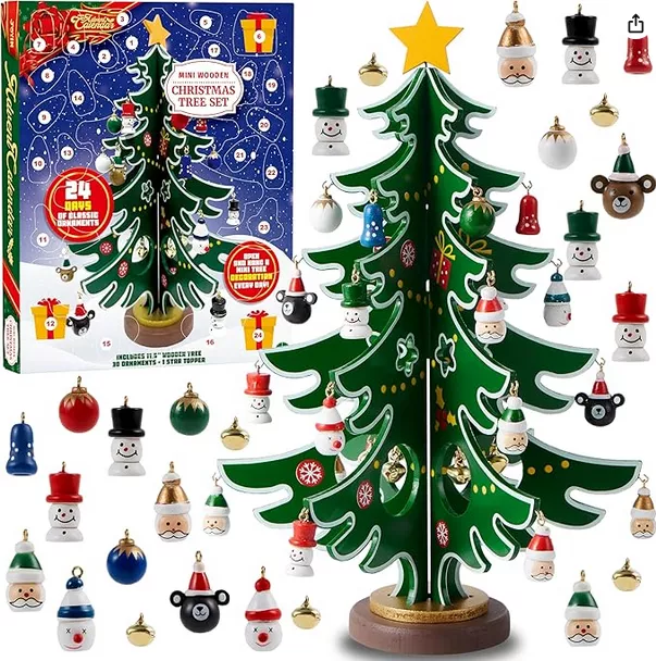 Advent calendar with mini Christmas tree and ornaments
