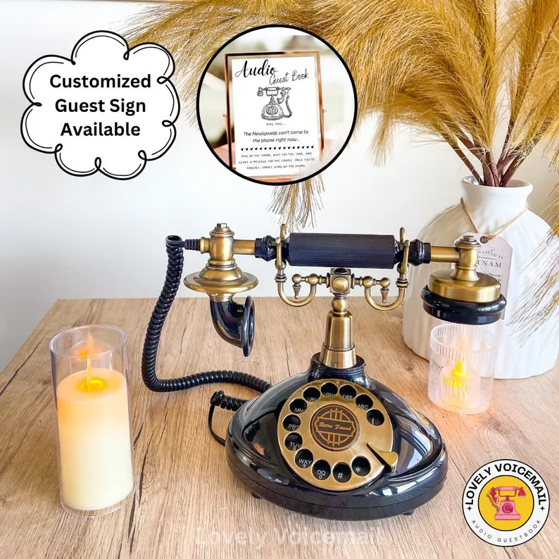 vintage style black audio guest book phone with gold