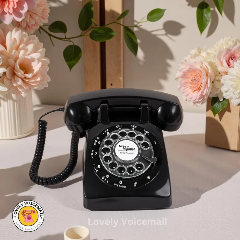 audio guest book wedding setup table with sign candles and retro phone styling