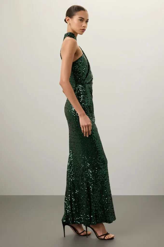 Green sequin black tie wedding guest dress for rent