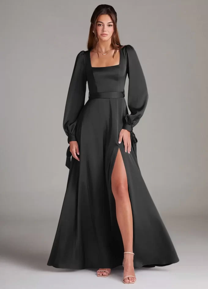 Black stretch satin bridesmaid gown