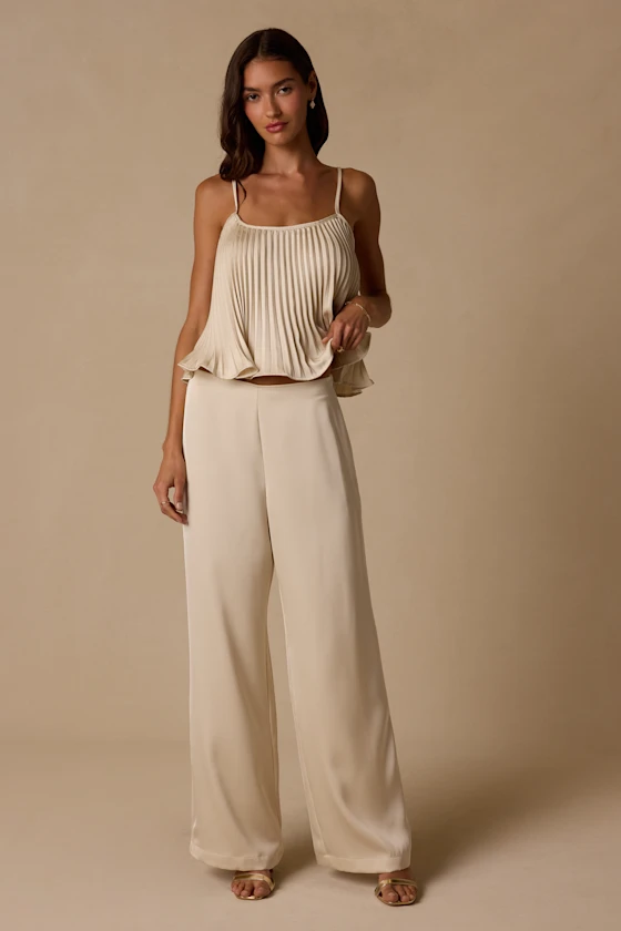 bride getting ready satin set with camisole and wide leg pants for getting ready
