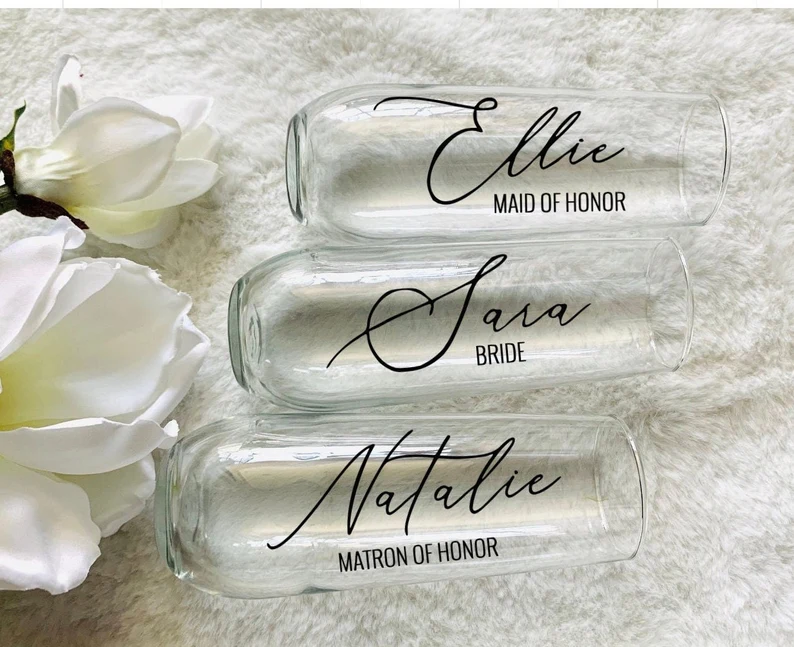 bridesmaid getting ready morning champagne flutes personalized with their names