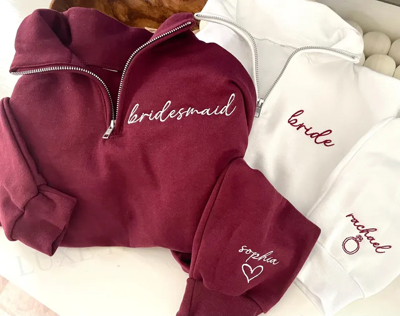 personalized bridesmaid quarter-zip pullover sweatshirts for getting ready outfits