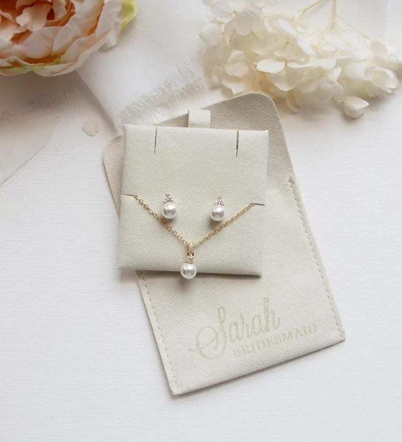 pearl bridesmaid earrings and necklace set with pouch for wedding day getting ready