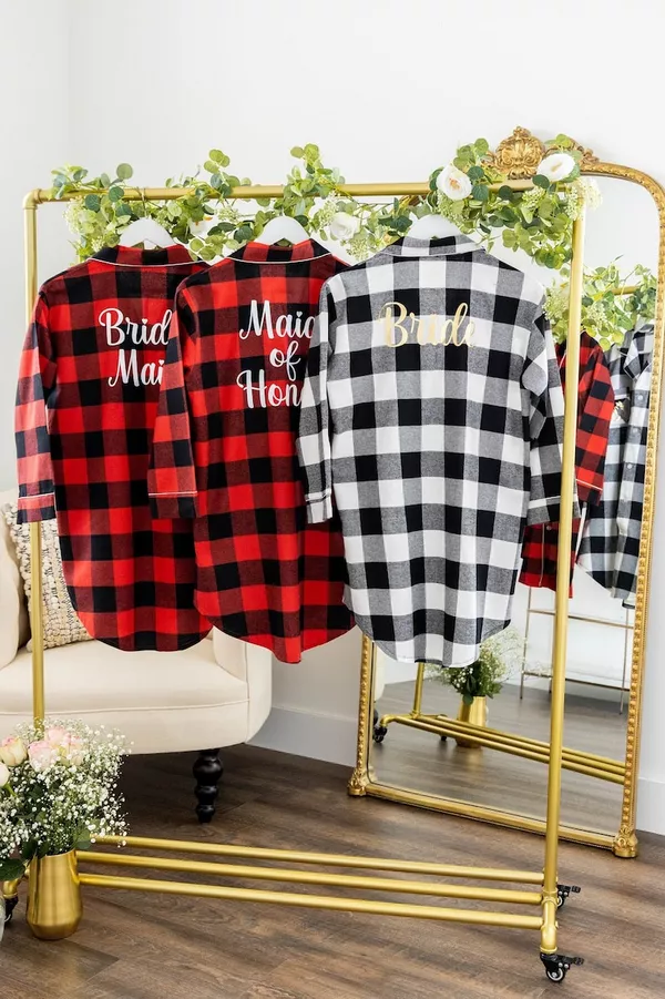 Flannel bridesmaid getting ready outfits
