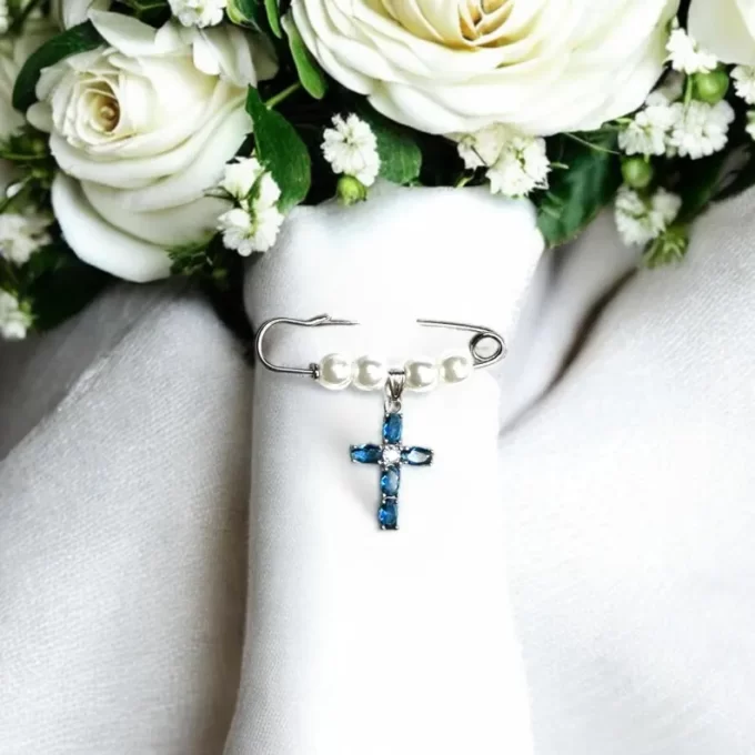blue cross pin for bridal bouquet