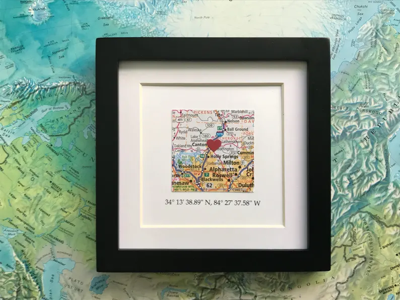 Personalized map art for a first wedding anniversary paper gift