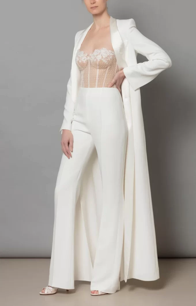 Bridal pantsuit with floor-length jacket