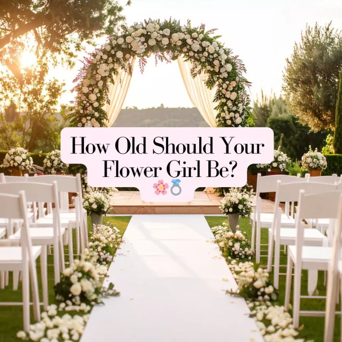A ceremony aisle with arch and text overlay highlighting the ideal age for flower girls.