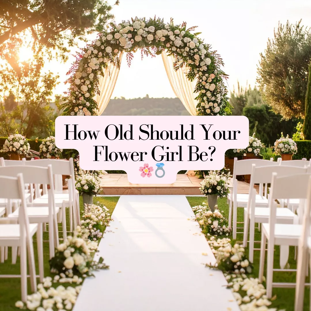 A ceremony aisle with arch and text overlay highlighting the ideal age for flower girls.