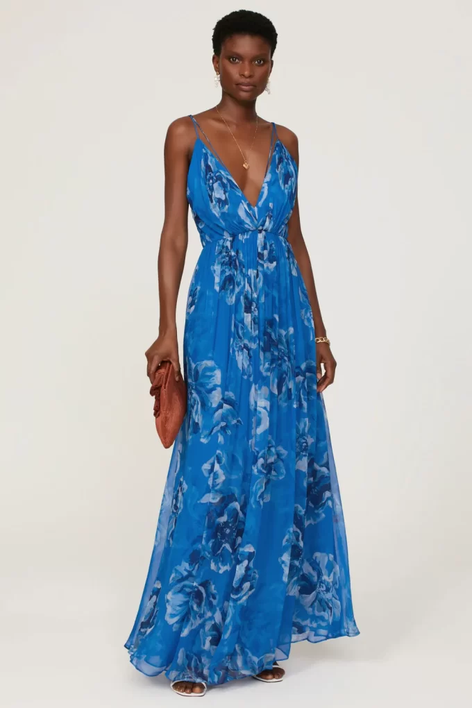 Floral maxi length wedding guest dress to rent