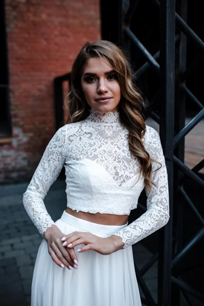 Lace bridal topper with high neck and long sleeves