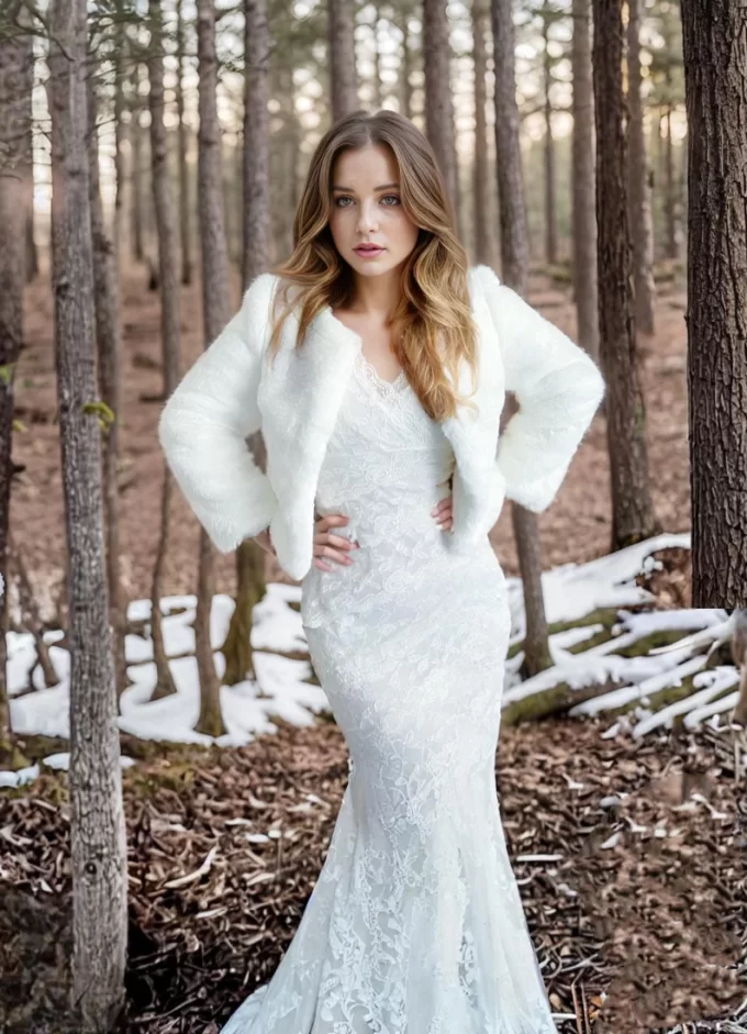 Long sleeve ivory cropped bridal jacket with faux fur