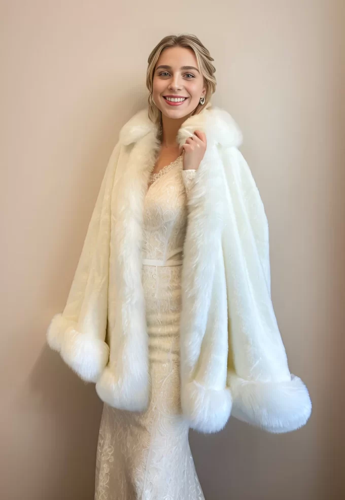 Ivory faux fur bridal cape for winter