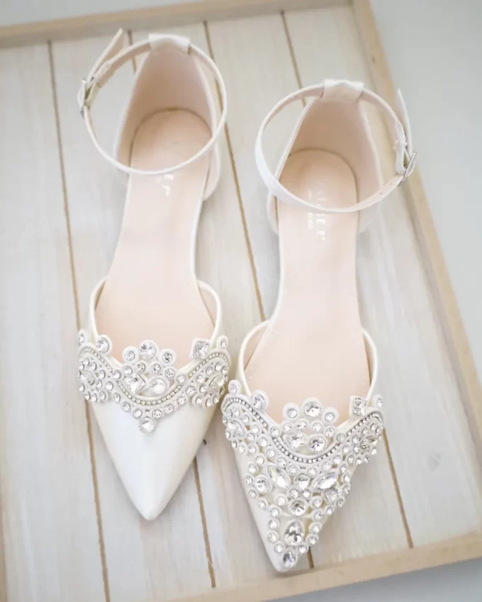Rhinestone wedding flats with strap on ankle