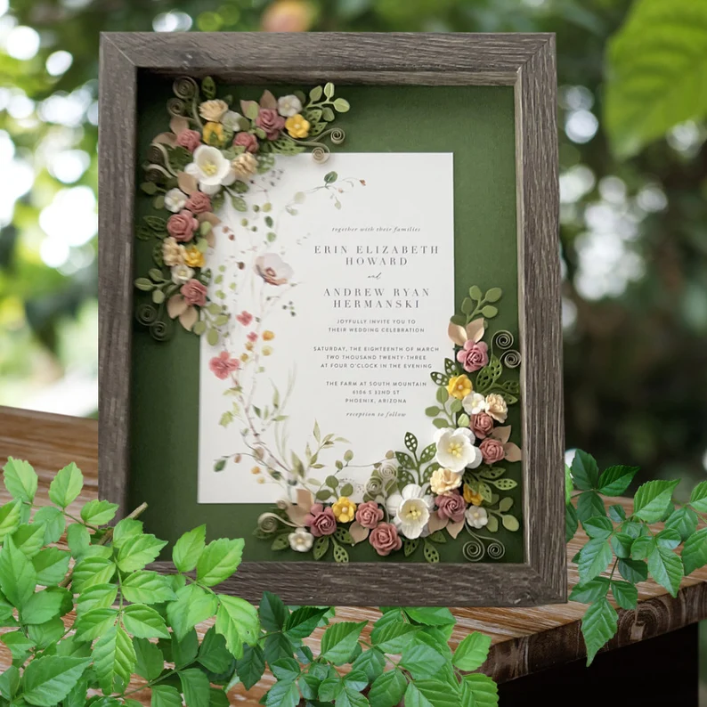 Keepsake paper invitation in frame for 1st year anniversary gift
