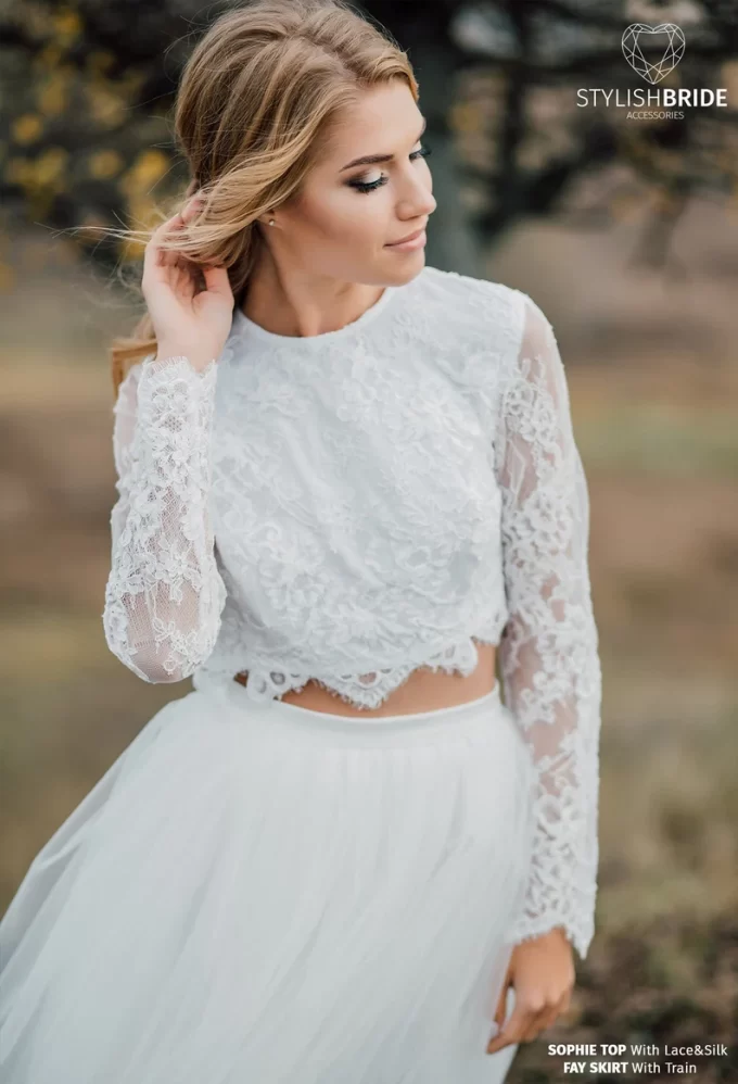 Lace bridal topper with long sleeves and open back