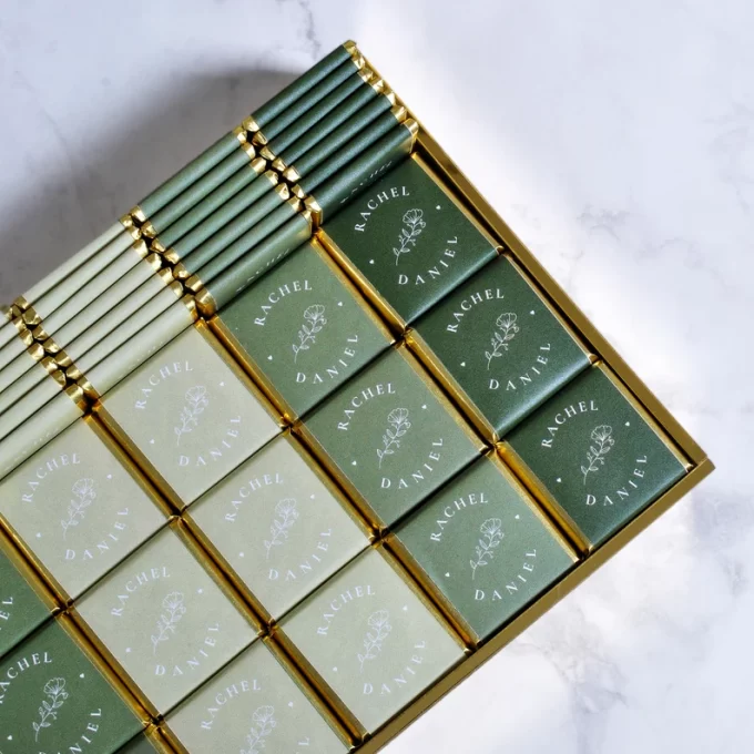 Colorful green paper wrapped gold foil chocolates for elegant wedding favor ideas