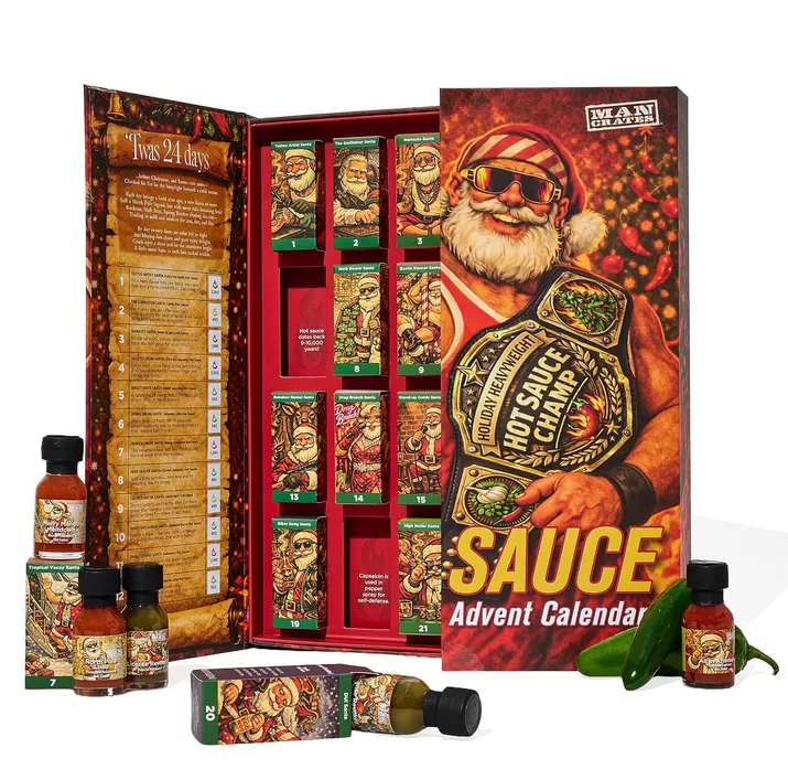 Man Crates 2026 Hot Sauce Advent Calendar with 24 gourmet hot sauces