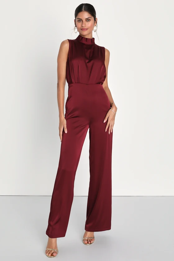 mock neck red jumpsuit