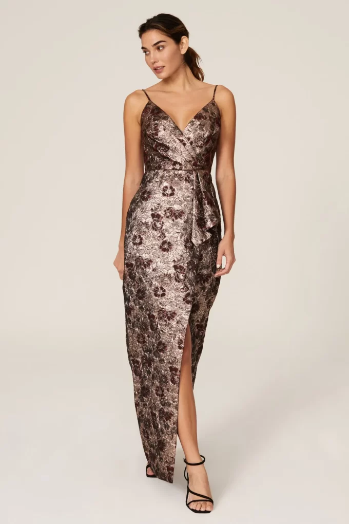 Woman wearing metallic jacquard floral ML Monique Lhullier dress at wedding
