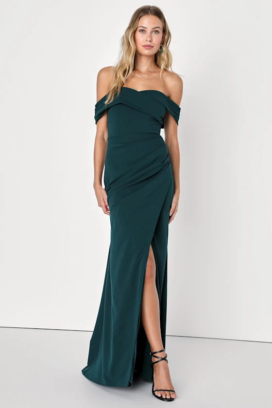 Emerald green bridesmaid dress with off the shoulder neckline