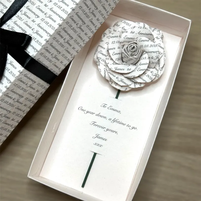 Personalized paper rose gift for a paper wedding anniversary