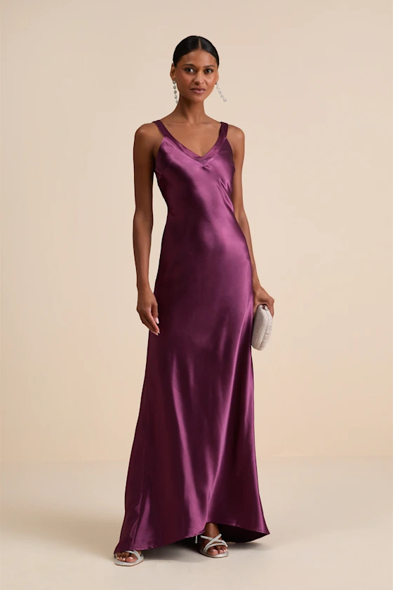 Satin v neck bridesmaid dress sleeveless plum jewel tone