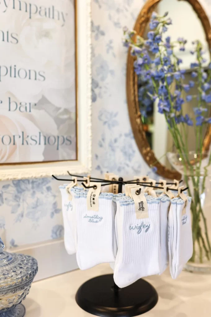 white socks with blue stitching for the bride