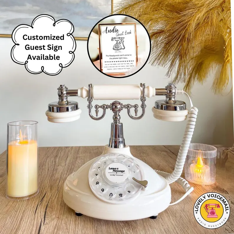 vintage rotary telephone used as audio guest book at wedding reception with retro styled decor