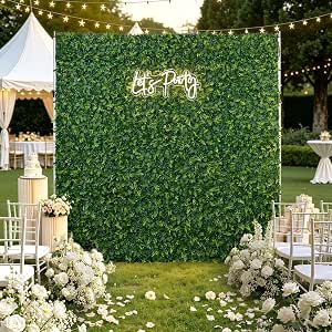 faux boxwood wedding backdrop wall