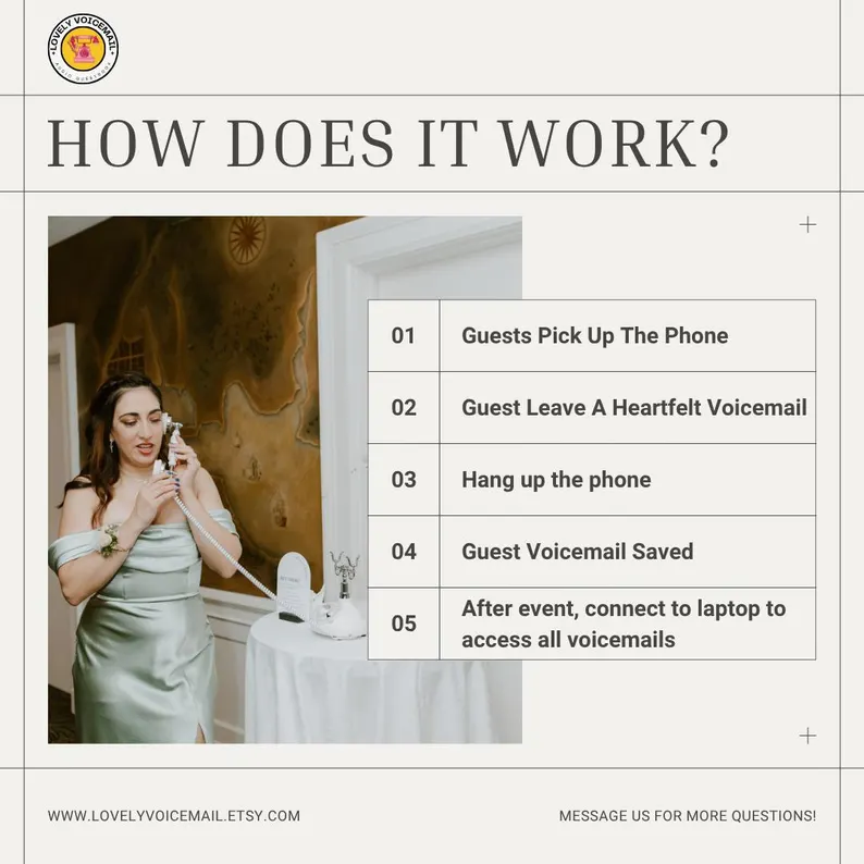 wedding guest speaking into retro phone audio guest book at reception