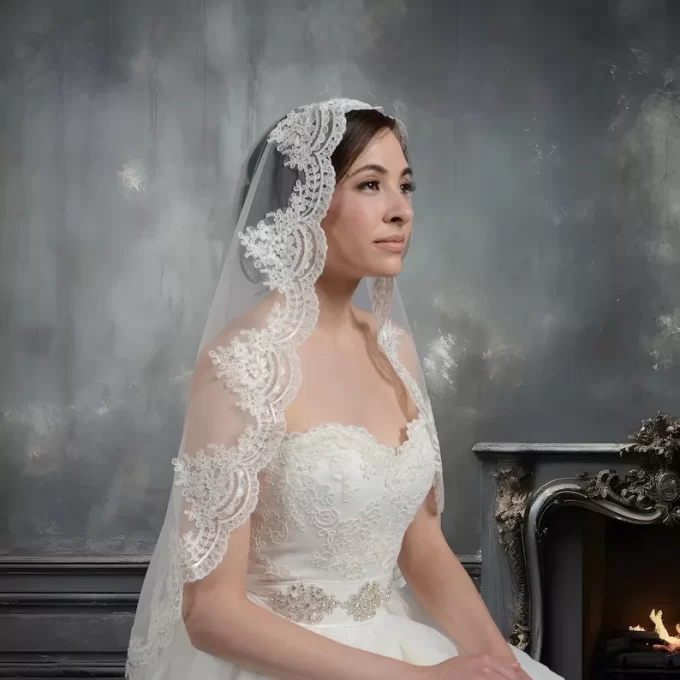 Bride wearing alencon lace veil