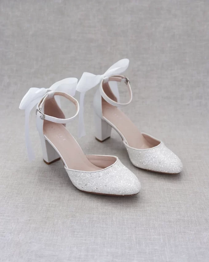 White sparkly glitter wedding heels with bow