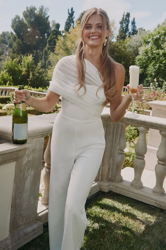 Bridal jumpsuit with asymmetrical white mesh