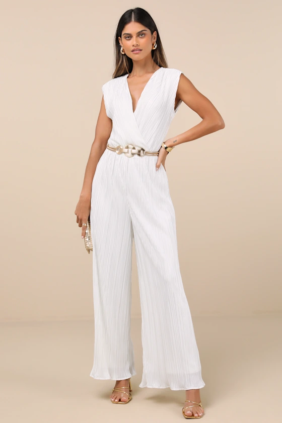 White wide-leg plisse jumpsuit for the bride