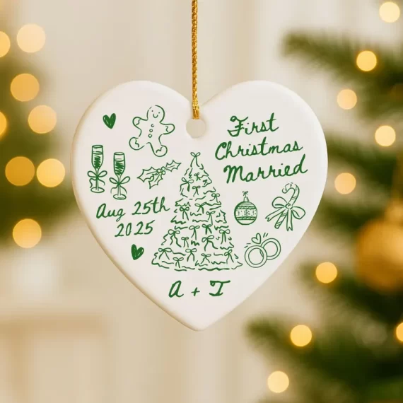 Personalized first Christmas married ornament from Etsy, displayed on a Christmas tree with lights