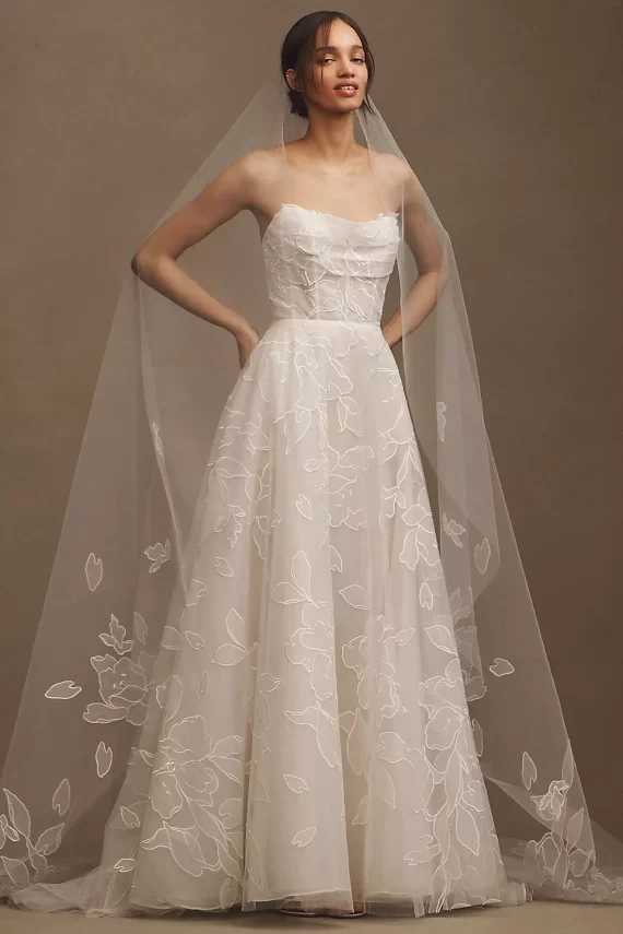 Floral applique wedding gown with sweetheart strapless neckline