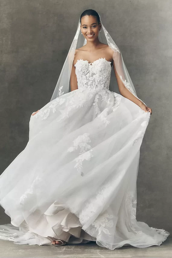 Strapless lace wedding dress with sweetheart neckline